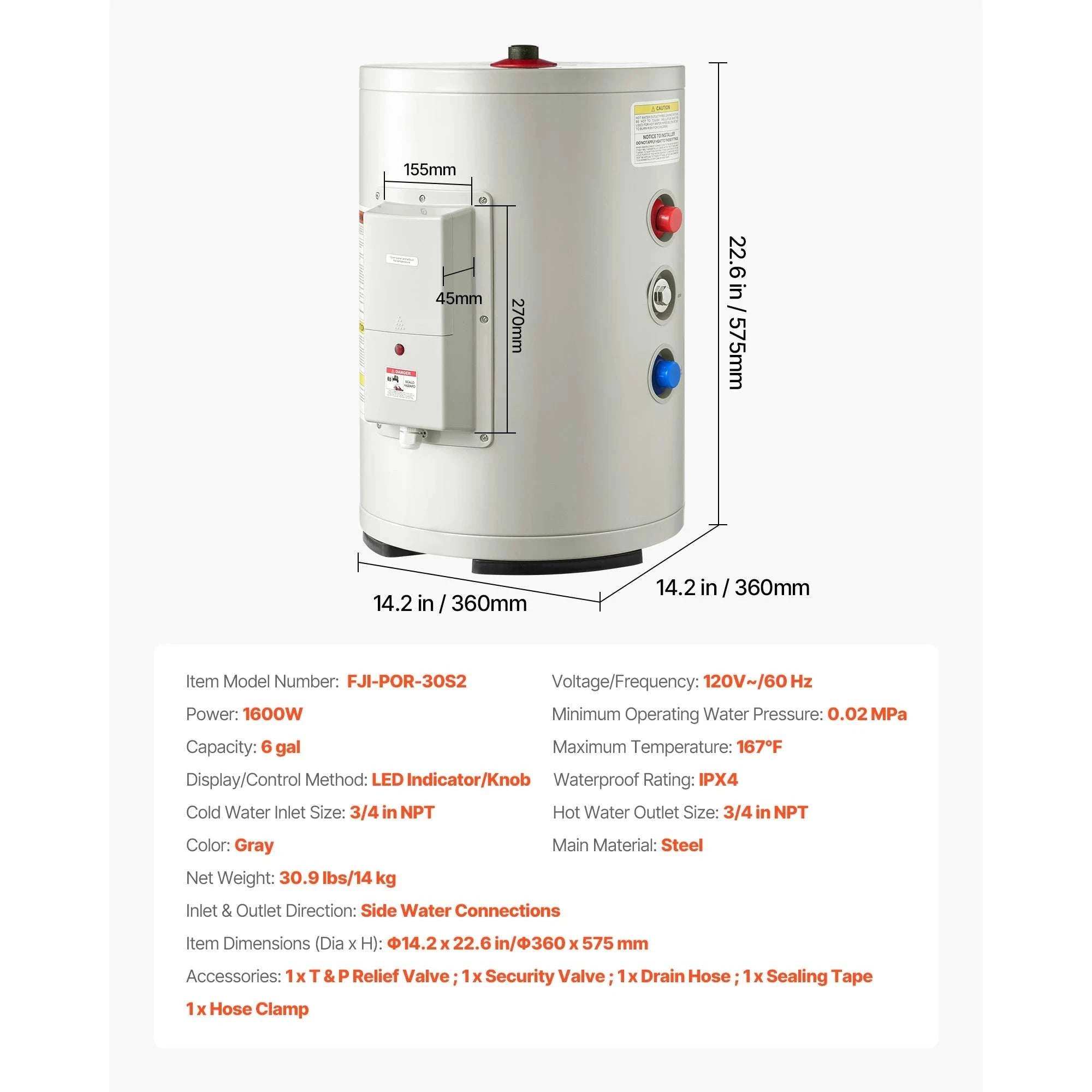 6 Gallon Electric Tank Water Heater 1600W Point-of-Use Unit-6gal / United States