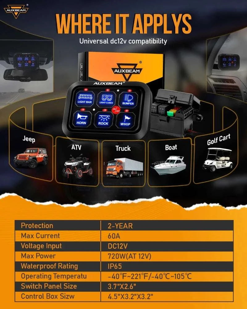 6-Gang Car Switch Panel 720W 12V Relay System for Lights & Accessories-United States