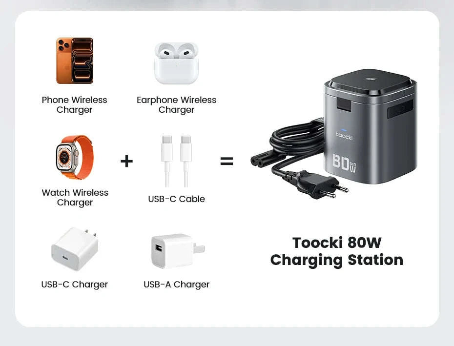 6-in-1 80W GaN Charging Station with Wireless & Retractable Cable-US Plug