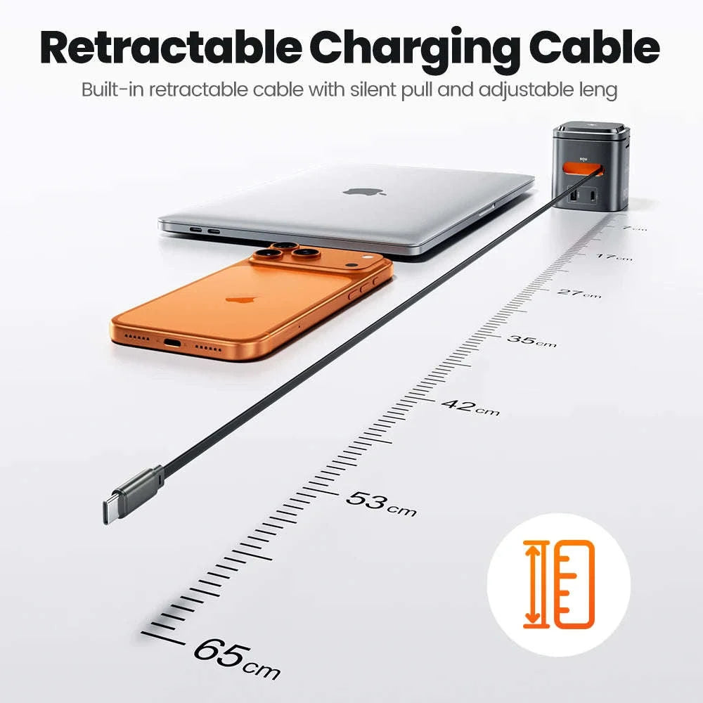 6-in-1 80W GaN Charging Station with Wireless & Retractable Cable-US Plug