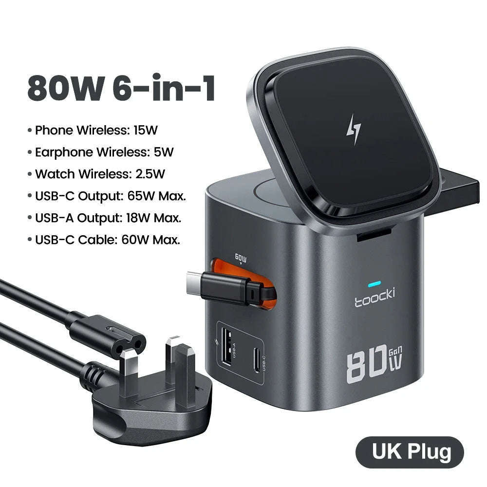 6-in-1 80W GaN Charging Station with Wireless & Retractable Cable-US Plug