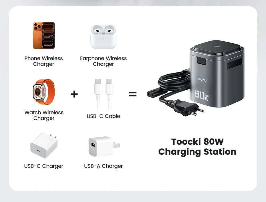 6-in-1 80W GaN Charging Station with Wireless & Retractable Cable-US Plug
