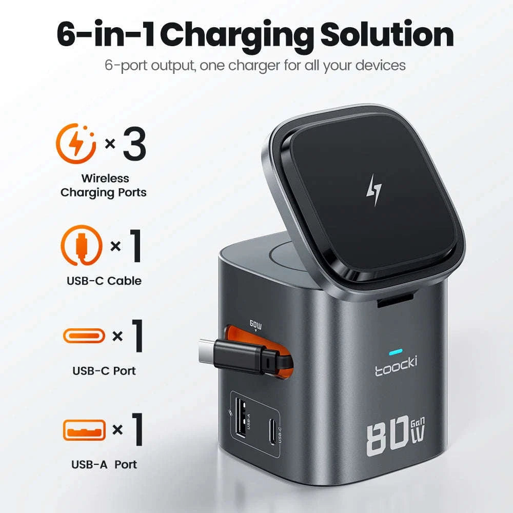 6-in-1 80W GaN Charging Station with Wireless & Retractable Cable-US Plug