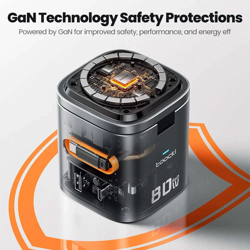 6-in-1 80W GaN Charging Station with Wireless & Retractable Cable-US Plug