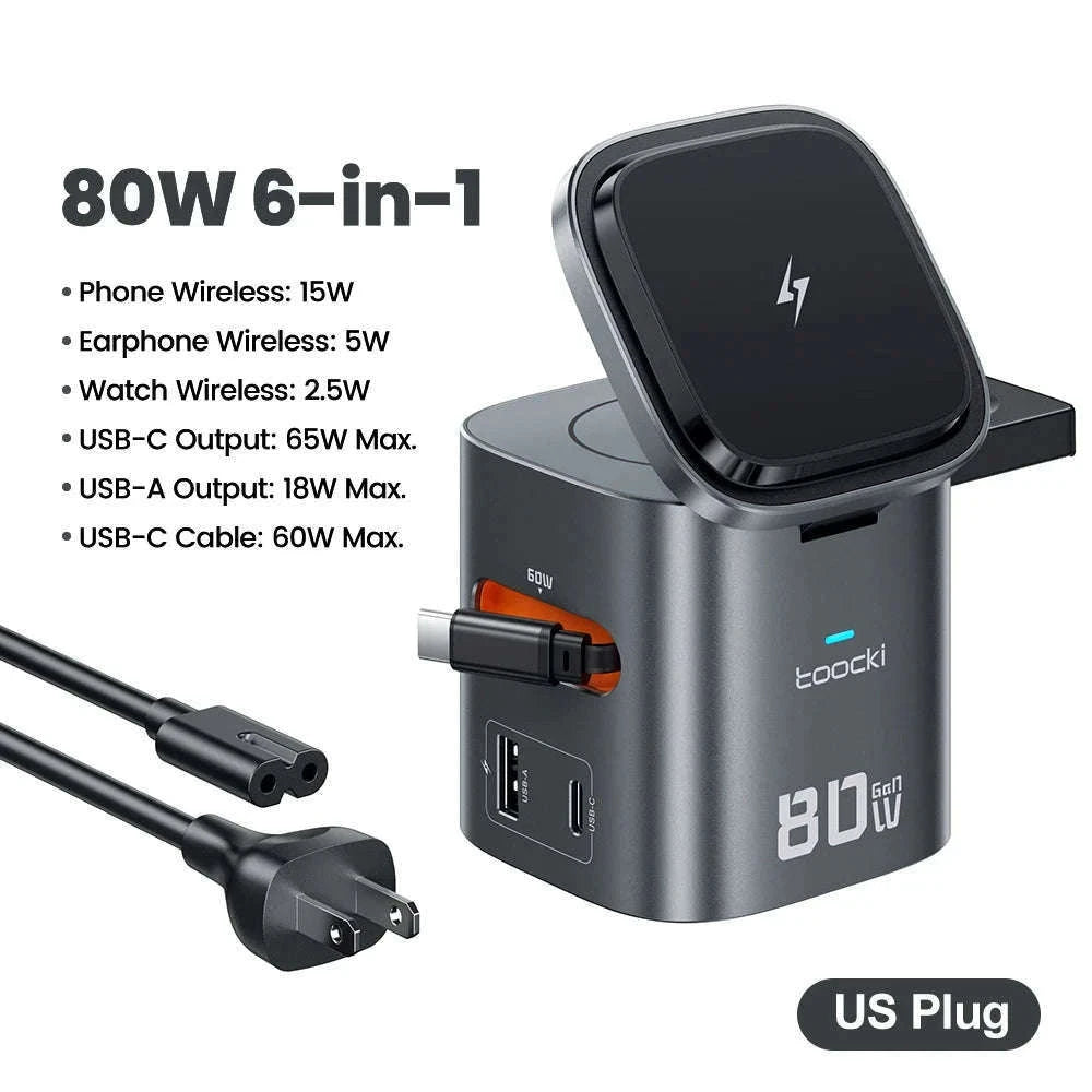 6-in-1 80W GaN Charging Station with Wireless & Retractable Cable-US Plug