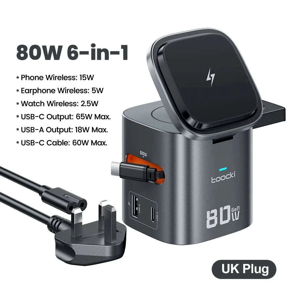 6-in-1 80W GaN Charging Station with Wireless & Retractable Cable-US Plug