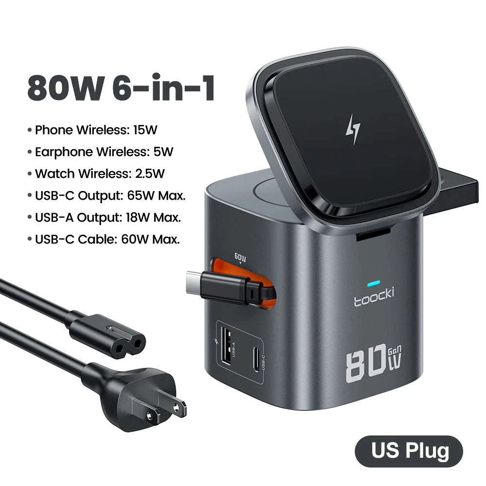 6-in-1 80W GaN Charging Station with Wireless & Retractable Cable-US Plug