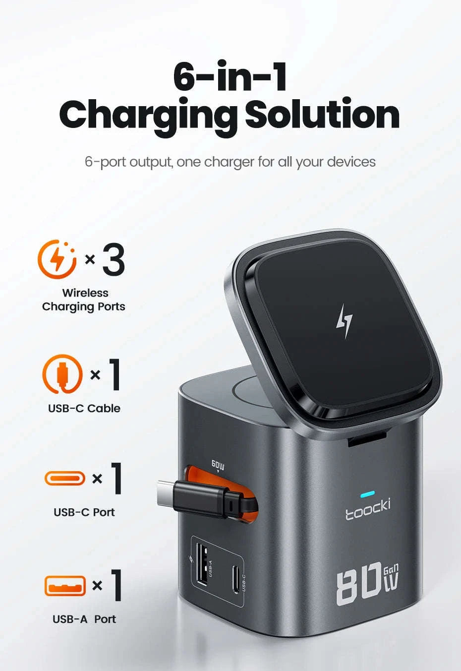 6-in-1 80W GaN Charging Station with Wireless & Retractable Cable-US Plug