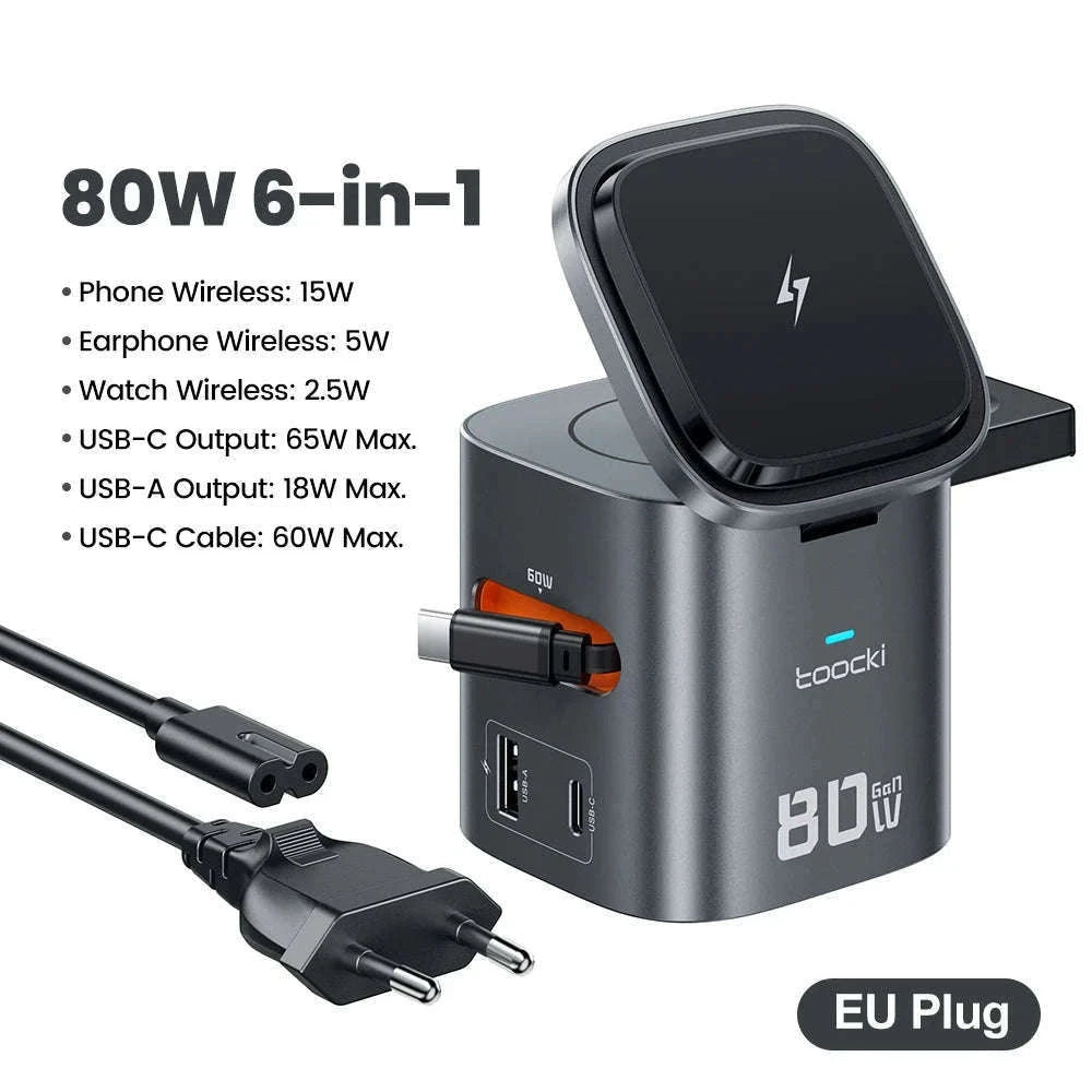 6-in-1 80W GaN Charging Station with Wireless & Retractable Cable-US Plug