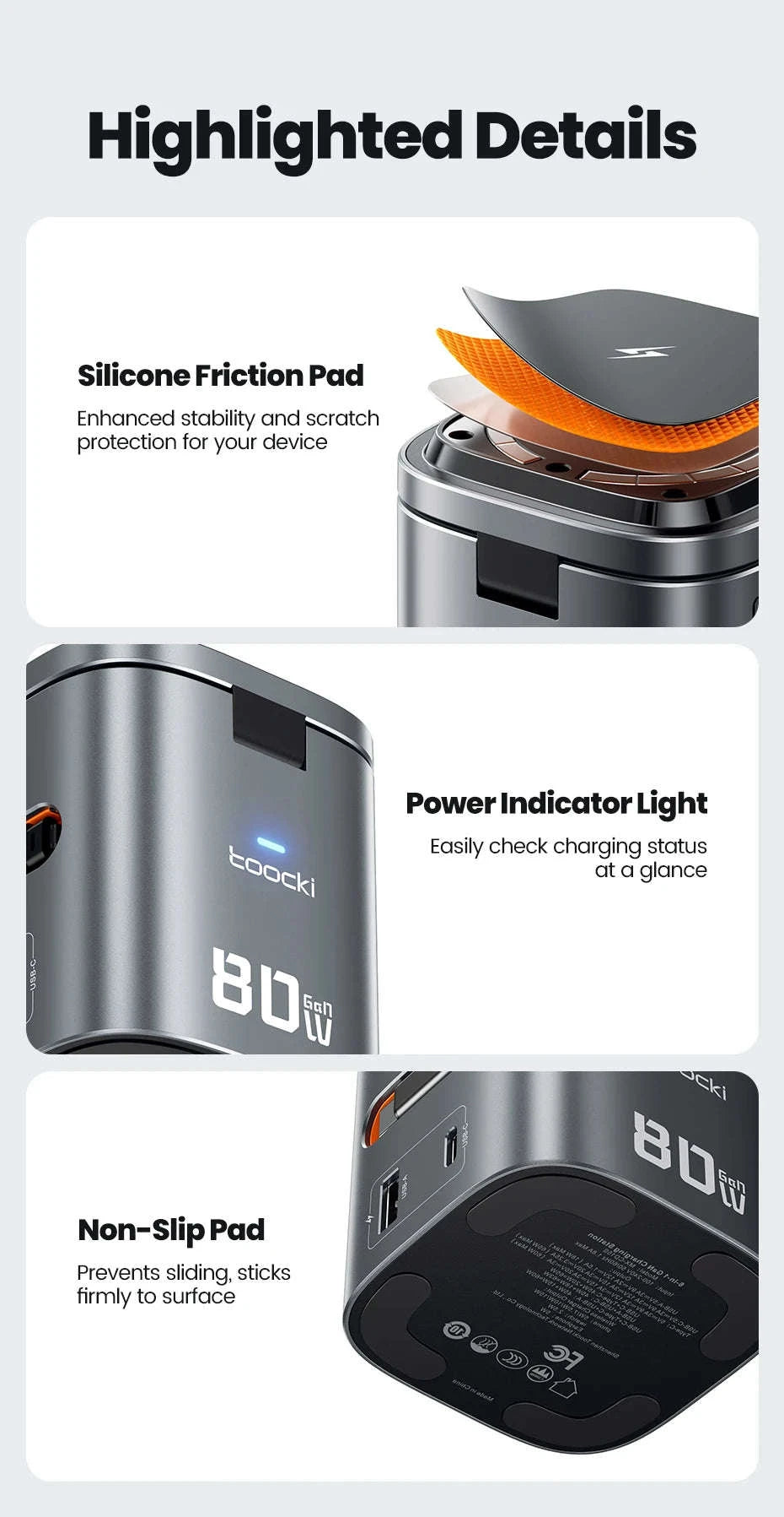 6-in-1 80W GaN Charging Station with Wireless & Retractable Cable-US Plug