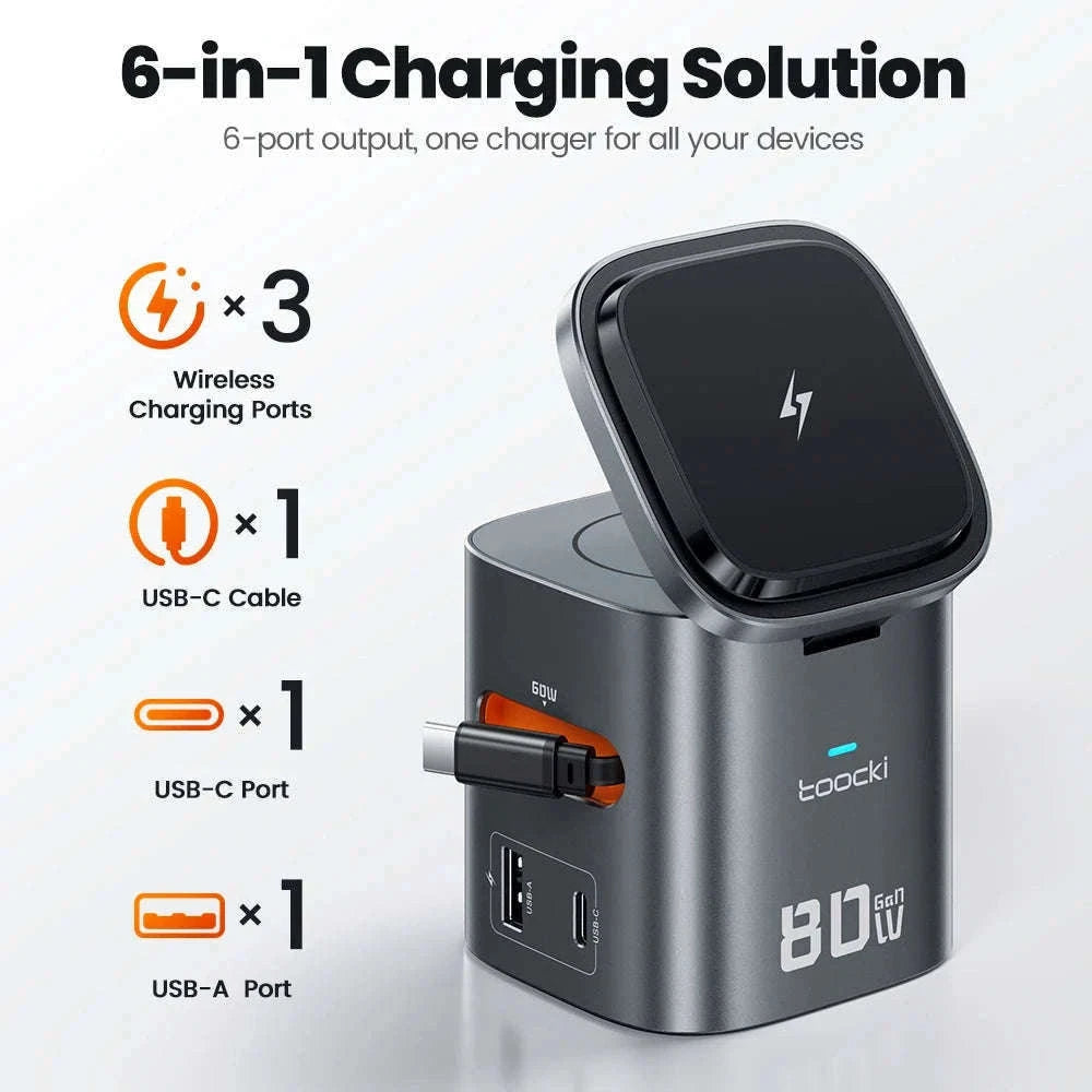 6-in-1 80W GaN Charging Station with Wireless & Retractable Cable-US Plug