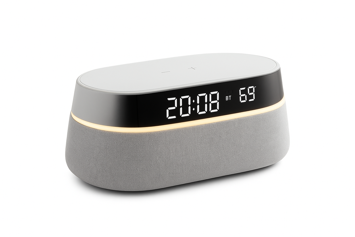 Budzik 6-w-1 Inteligentny - 15W Bezprzewodowa Ładowarka, Głośnik Bluetooth, FM Radio, Podwójny Budzik, Ładowarka USB i Nocna Lampa RGB