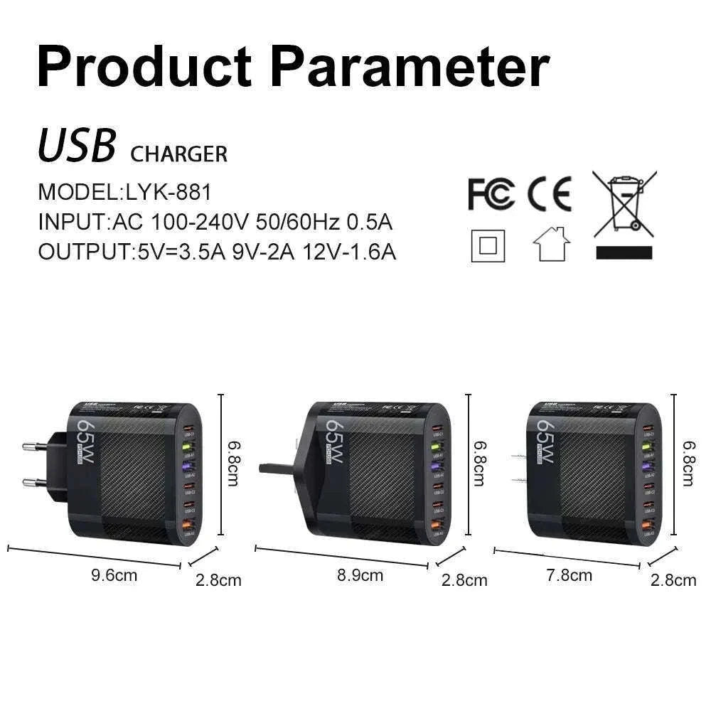 6-in-1 USB Charger with QC3.0 and PD Fast Charging-EU Black