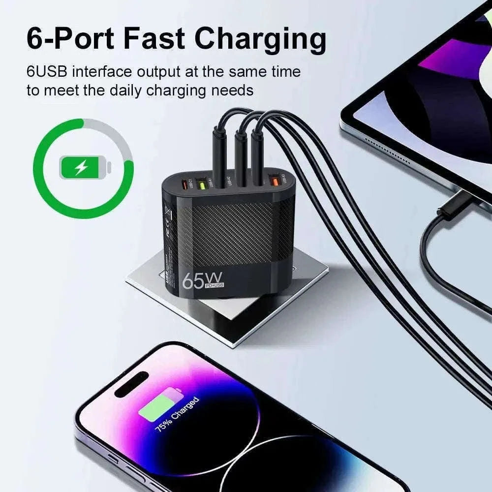 6-in-1 USB Charger with QC3.0 and PD Fast Charging-EU Black