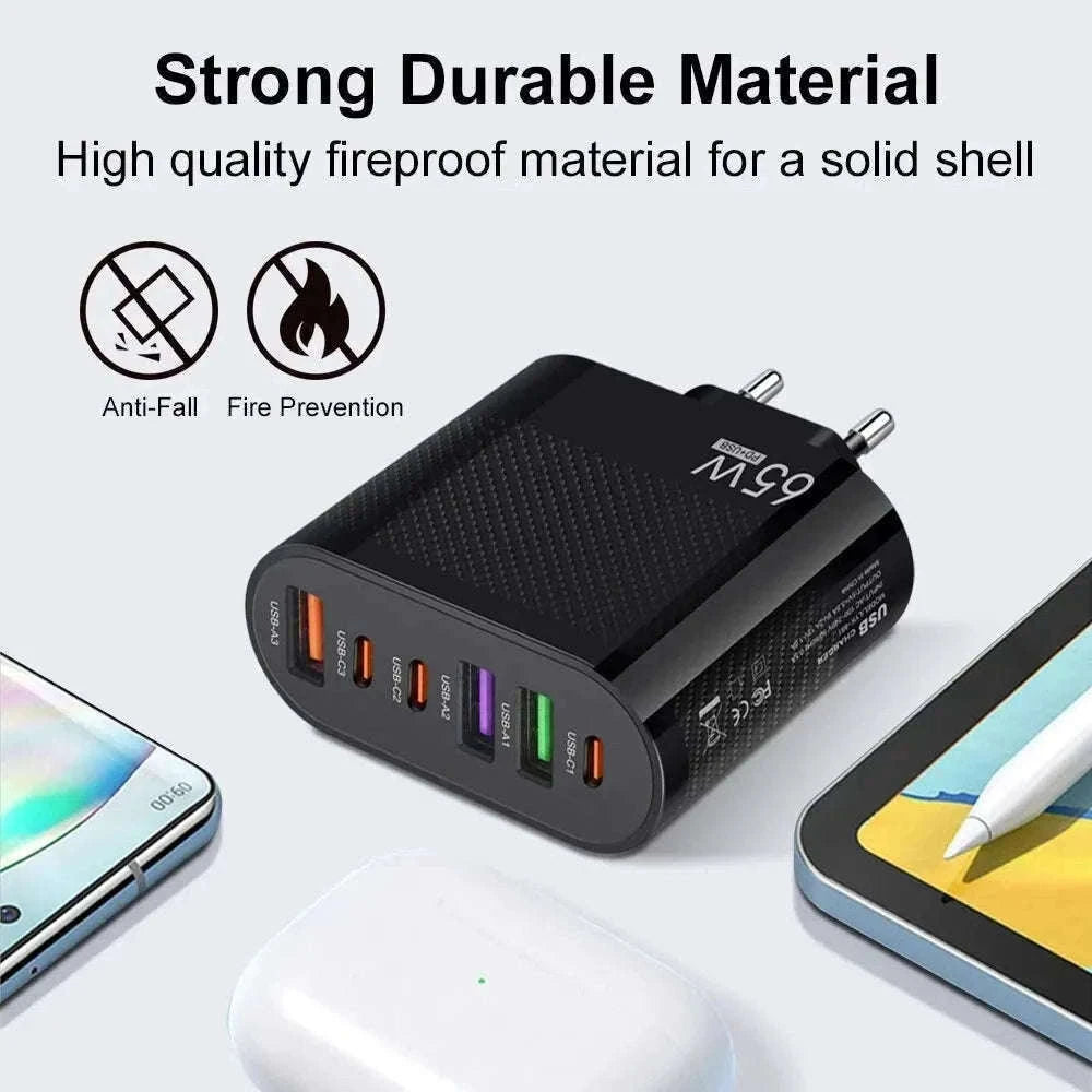 6-in-1 USB Charger with QC3.0 and PD Fast Charging-EU Black