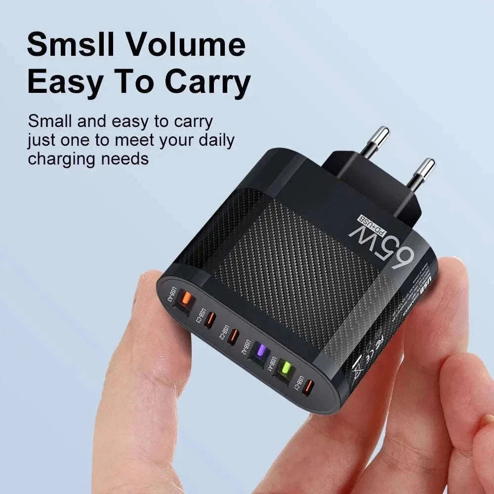 6-in-1 USB Charger with QC3.0 and PD Fast Charging-EU Black