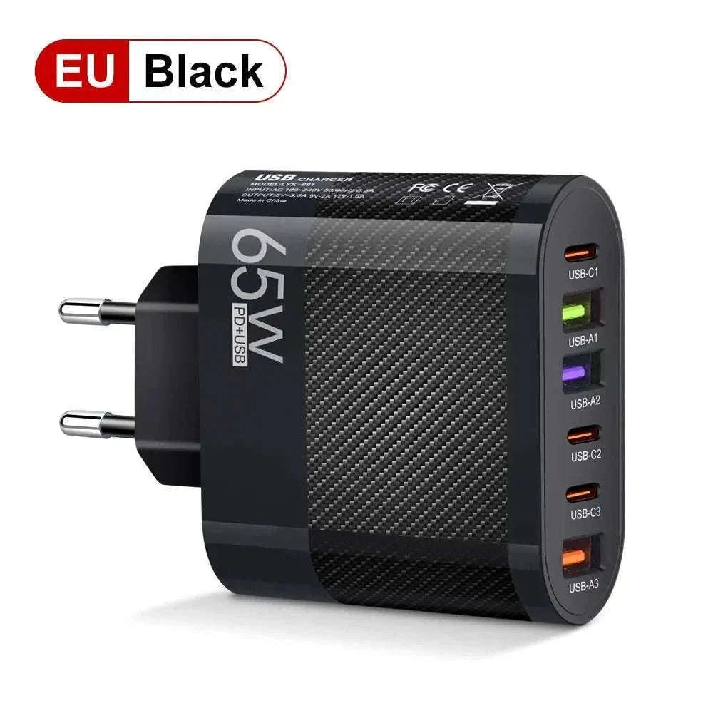 6-in-1 USB Charger with QC3.0 and PD Fast Charging-EU Black