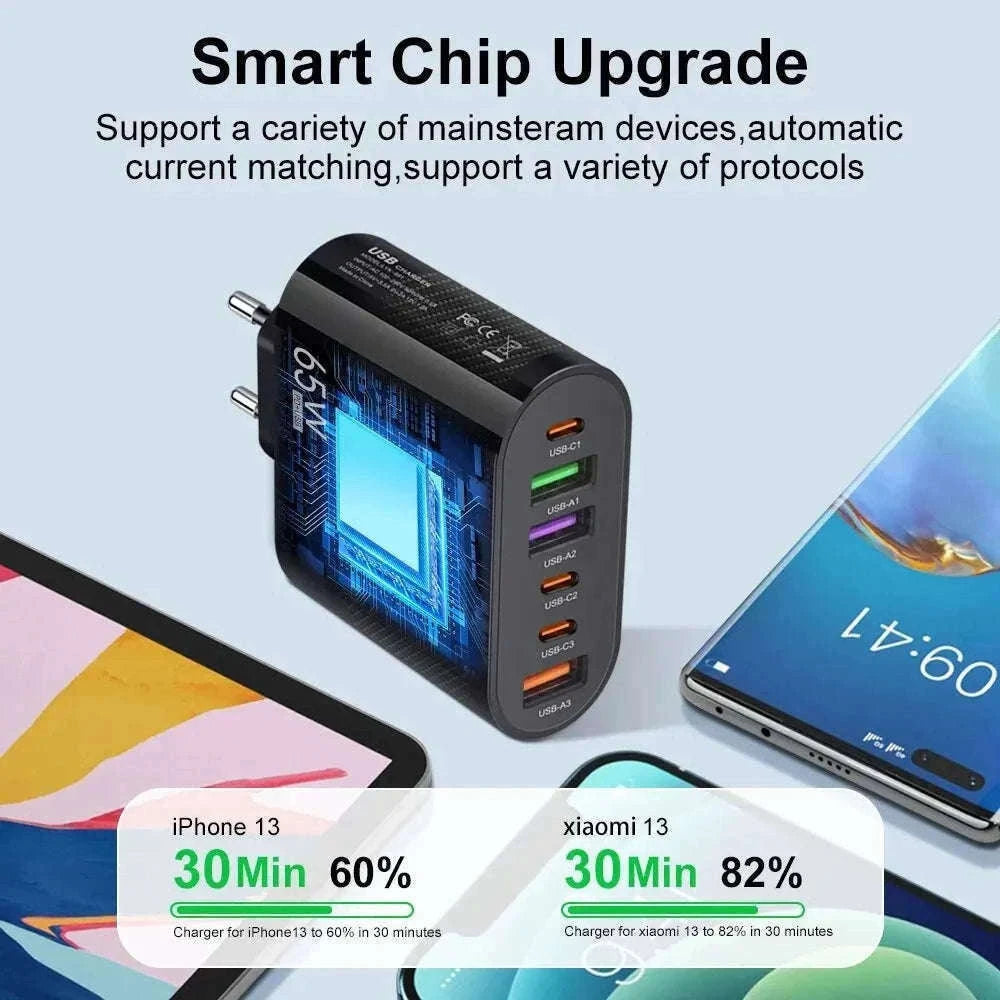6-in-1 USB Charger with QC3.0 and PD Fast Charging-EU Black