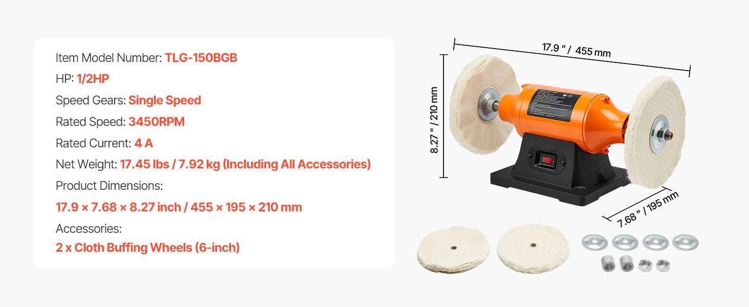 6-Inch Bench Buffer Polisher 1/2HP 3450RPM with Cloth Wheels-8inch / United States