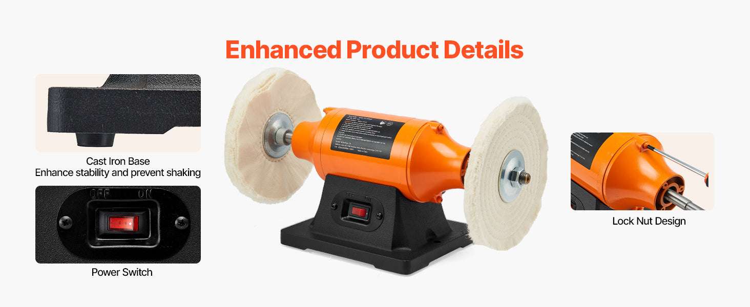 6-Inch Bench Buffer Polisher 1/2HP 3450RPM with Cloth Wheels-8inch / United States