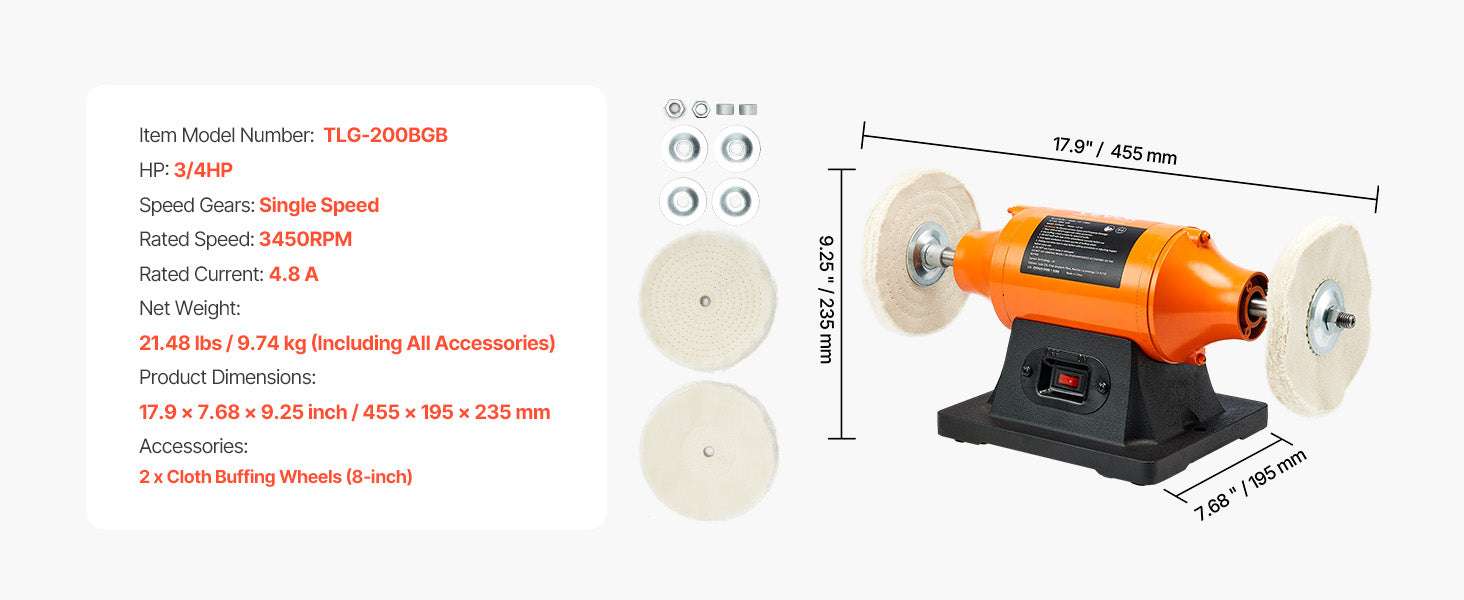 6-Inch Bench Buffer Polisher 1/2HP 3450RPM with Cloth Wheels-8inch / United States