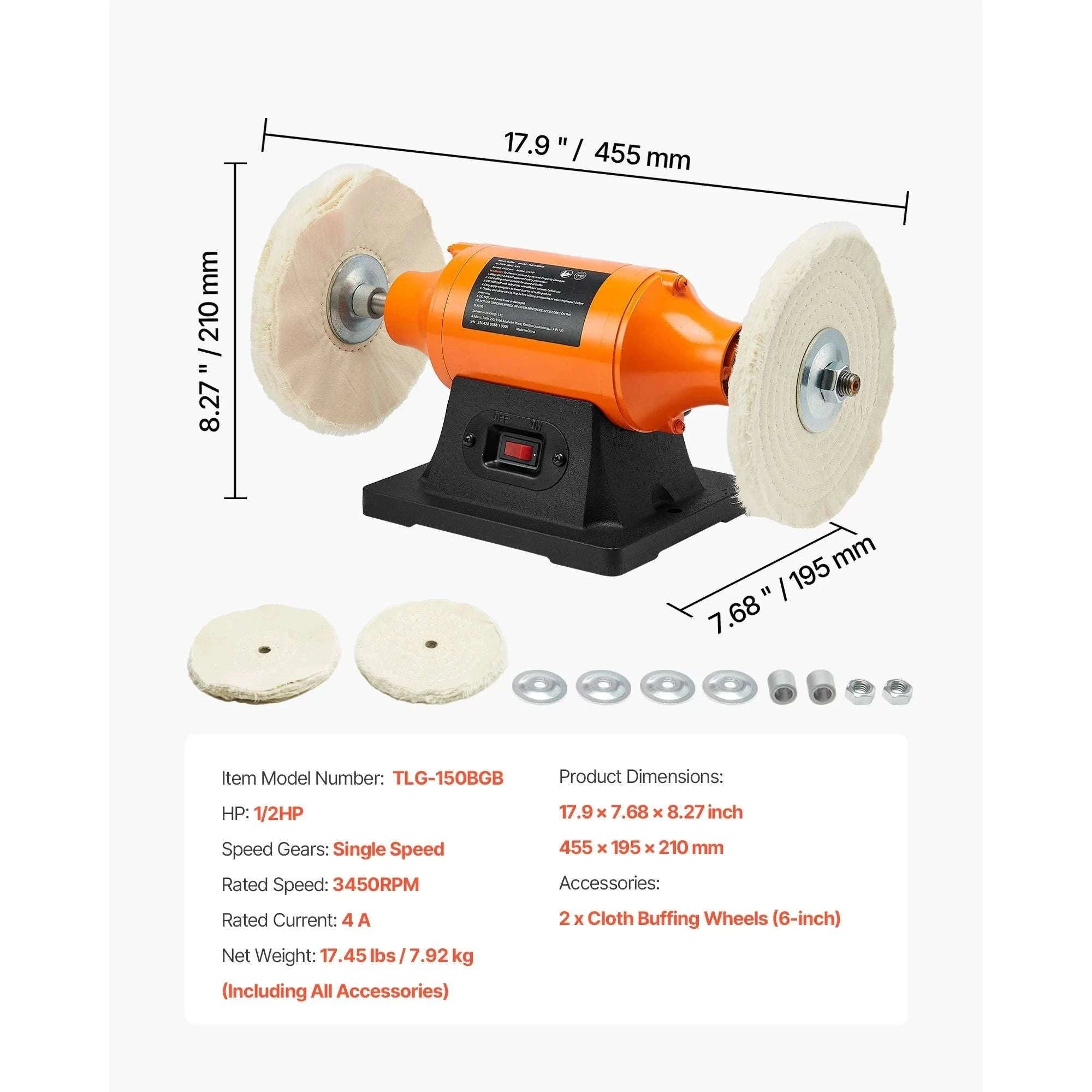6-Inch Bench Buffer Polisher 1/2HP 3450RPM with Cloth Wheels-8inch / United States