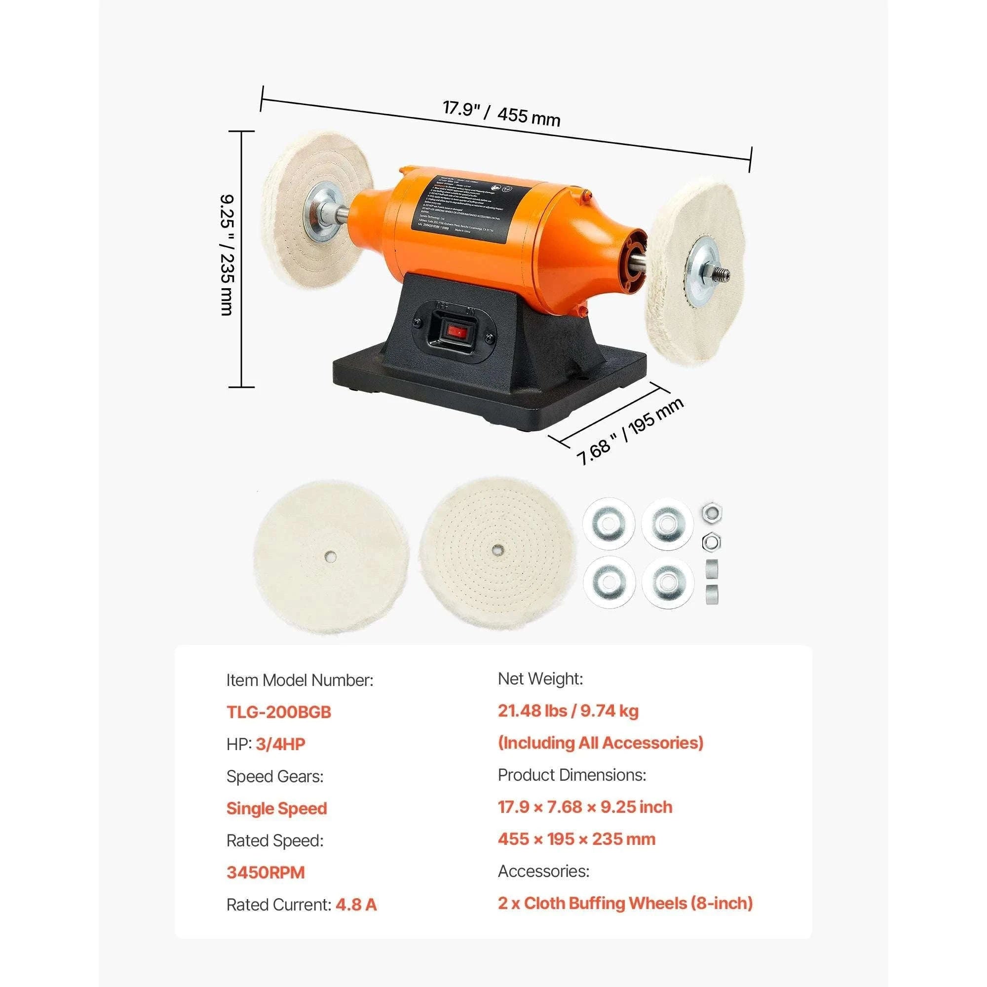 6-Inch Bench Buffer Polisher 1/2HP 3450RPM with Cloth Wheels-8inch / United States