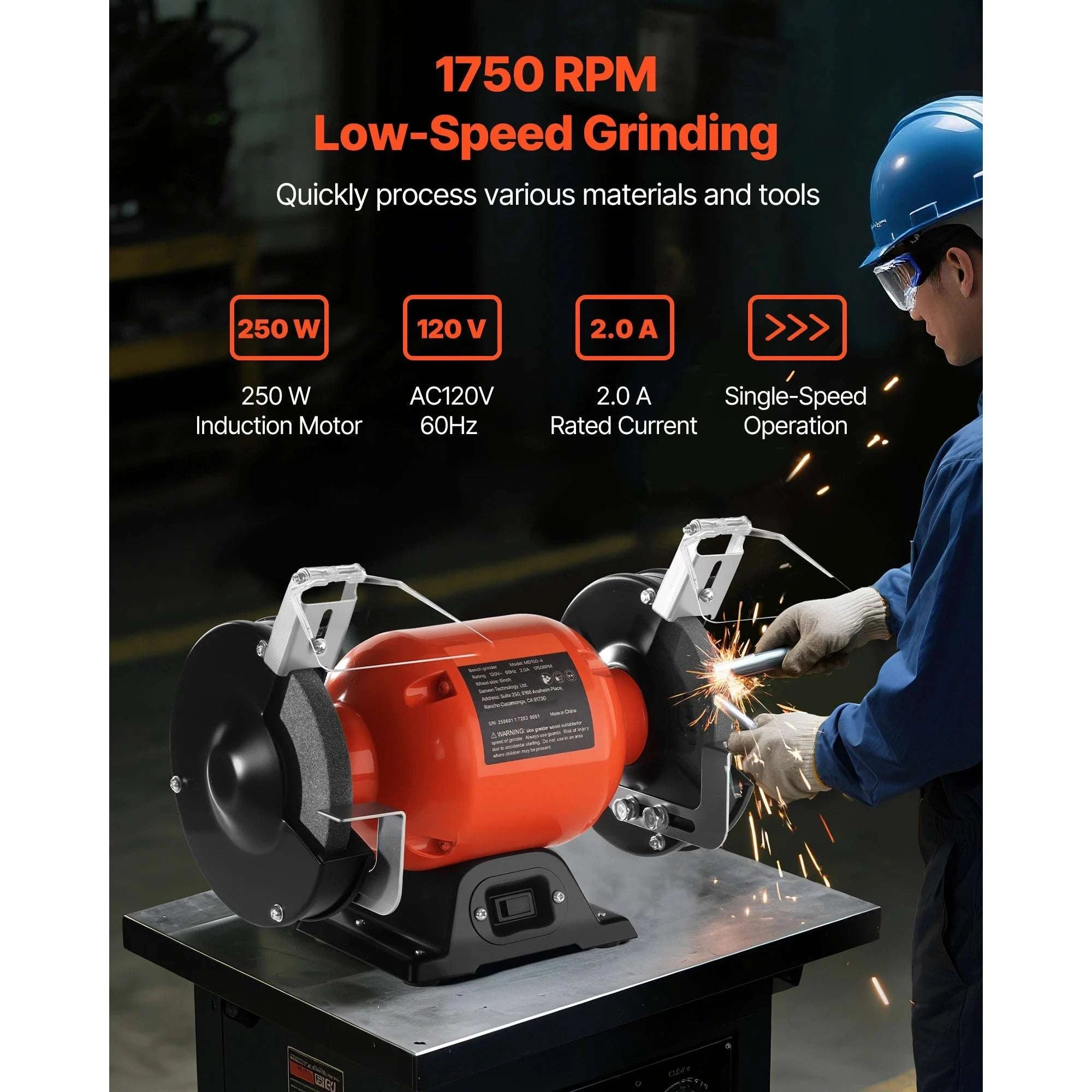 6-Inch Bench Grinder 1750RPM Low-Speed with Adjustable Tool Rest-6inch 250W 1750RPM / United States