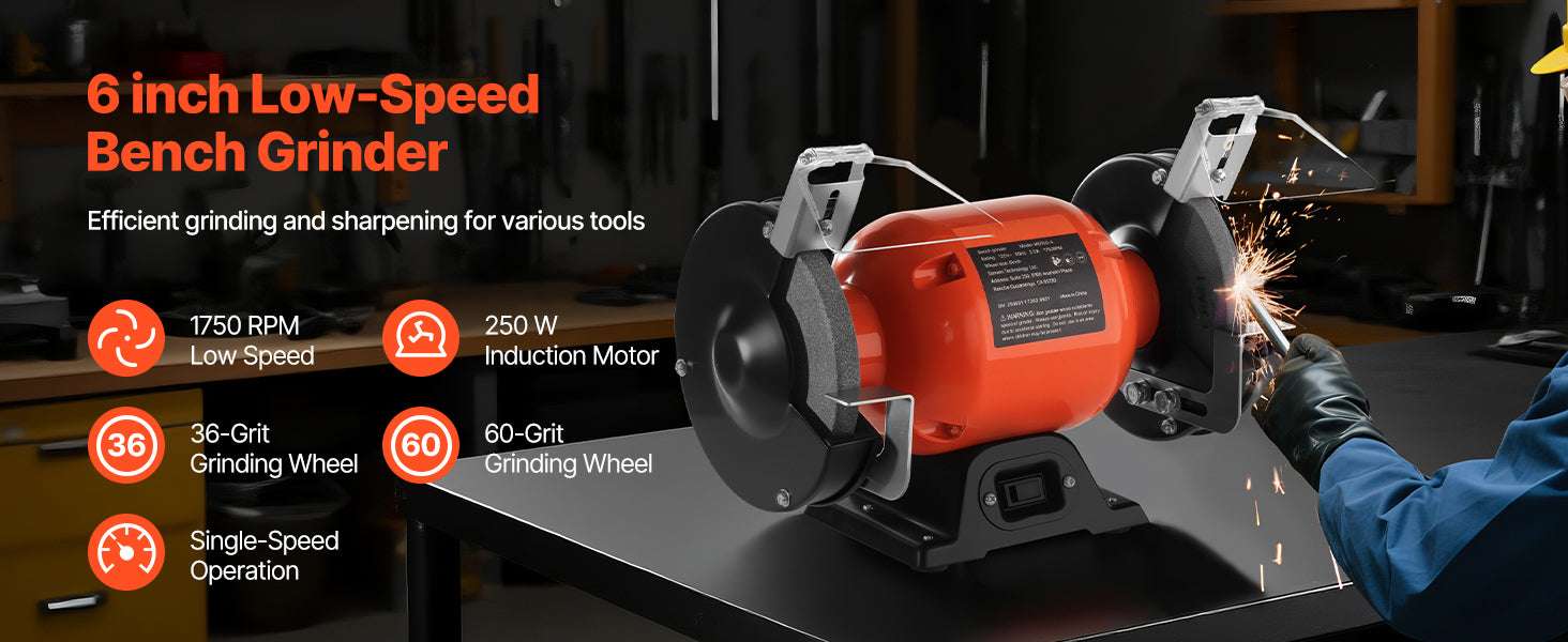 6-Inch Bench Grinder 1750RPM Low-Speed with Adjustable Tool Rest-6inch 250W 1750RPM / United States