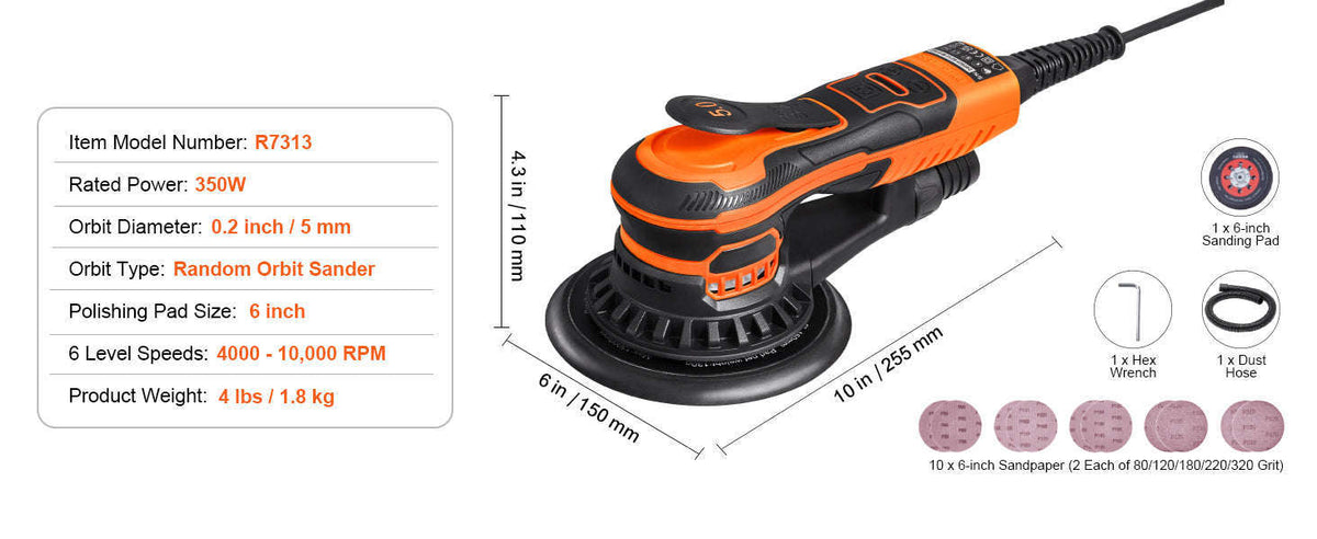 6-Inch Random Orbital Sander 350W Brushless 6-Speed-350W 6Inch / spain