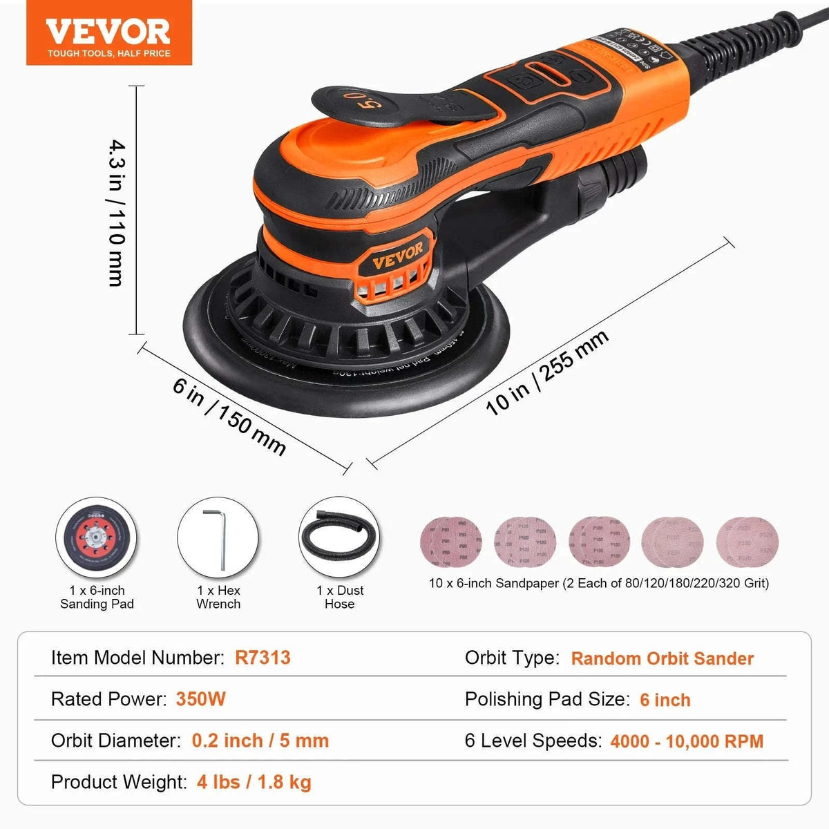 6-Inch Random Orbital Sander 350W Brushless 6-Speed-350W 6Inch / spain