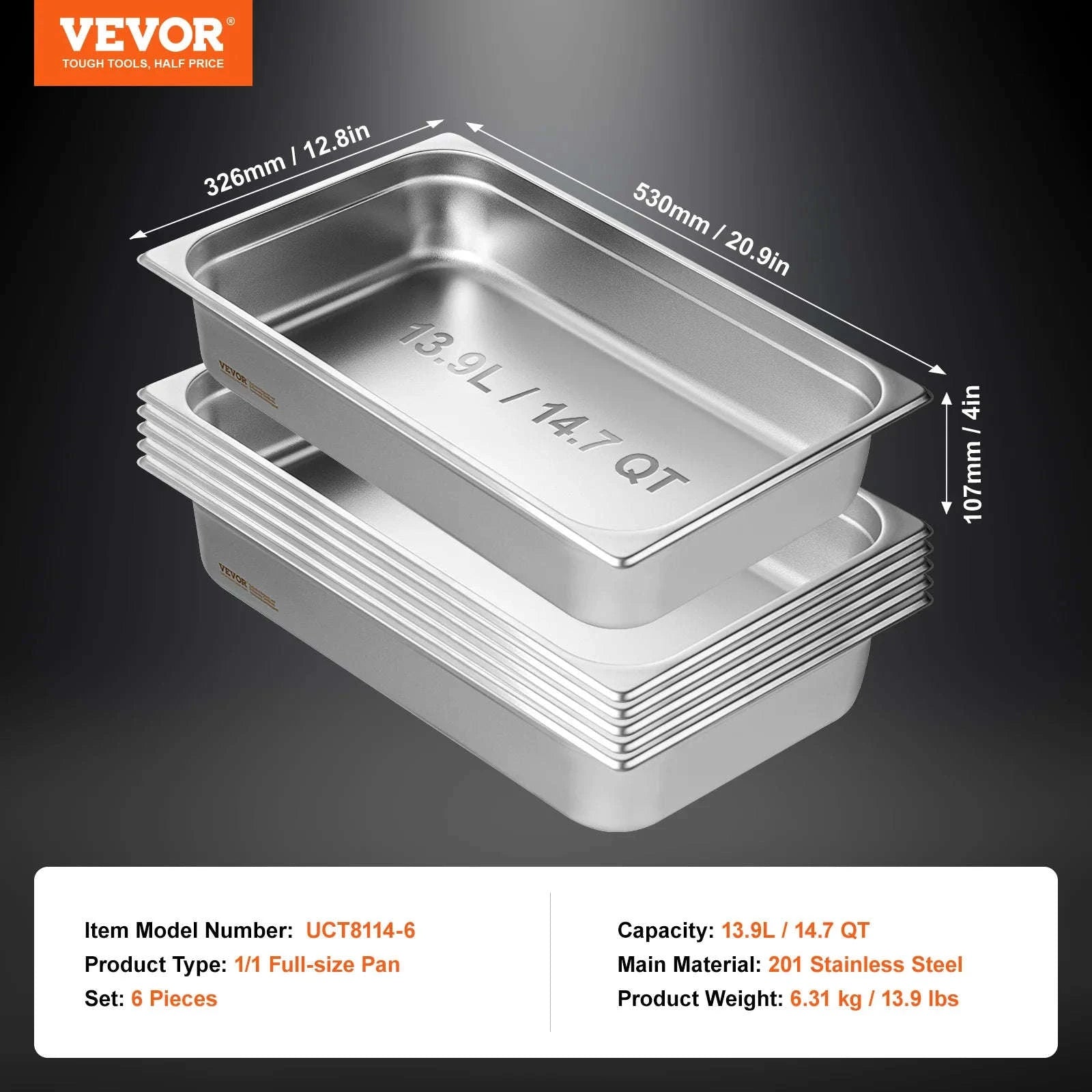 6 Pack Full Size Stainless Steel Steam Table Pans 2.5 in Deep-6pcs 4inches / Canada