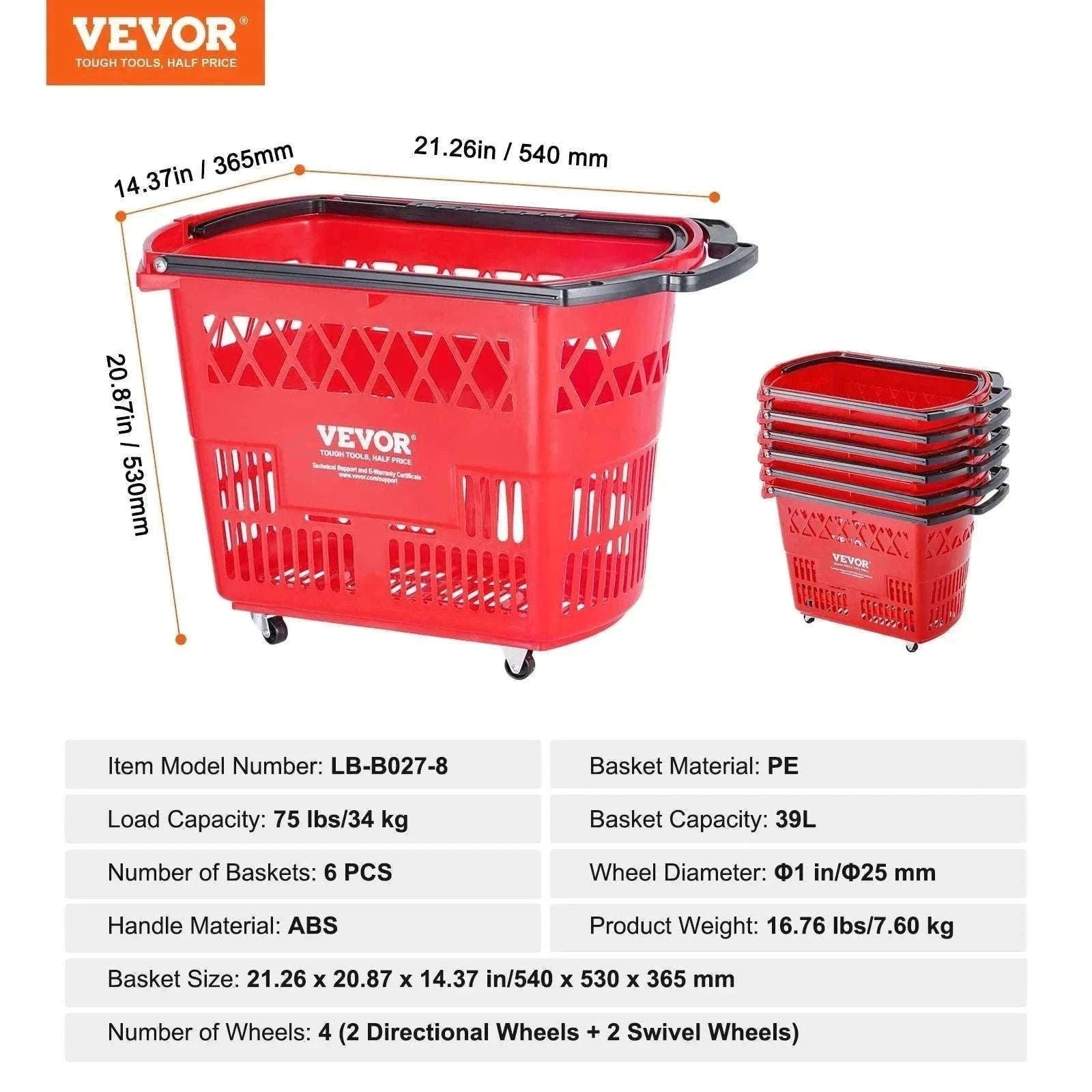 6-Pack Rolling Shopping Baskets 39L with Wheels & Handles-Blue / United States