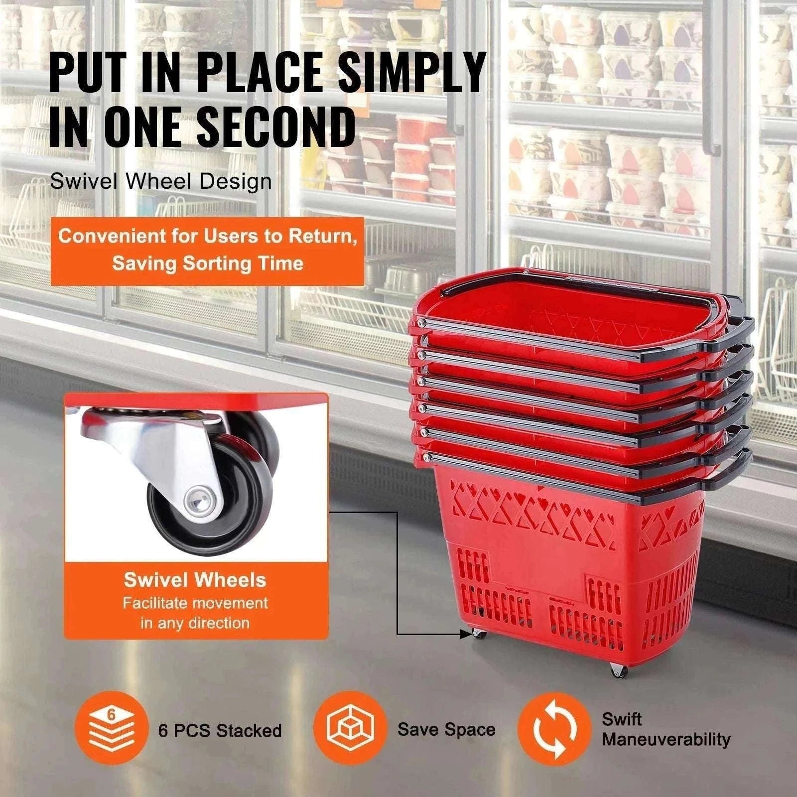 6-Pack Rolling Shopping Baskets 39L with Wheels & Handles-Blue / United States