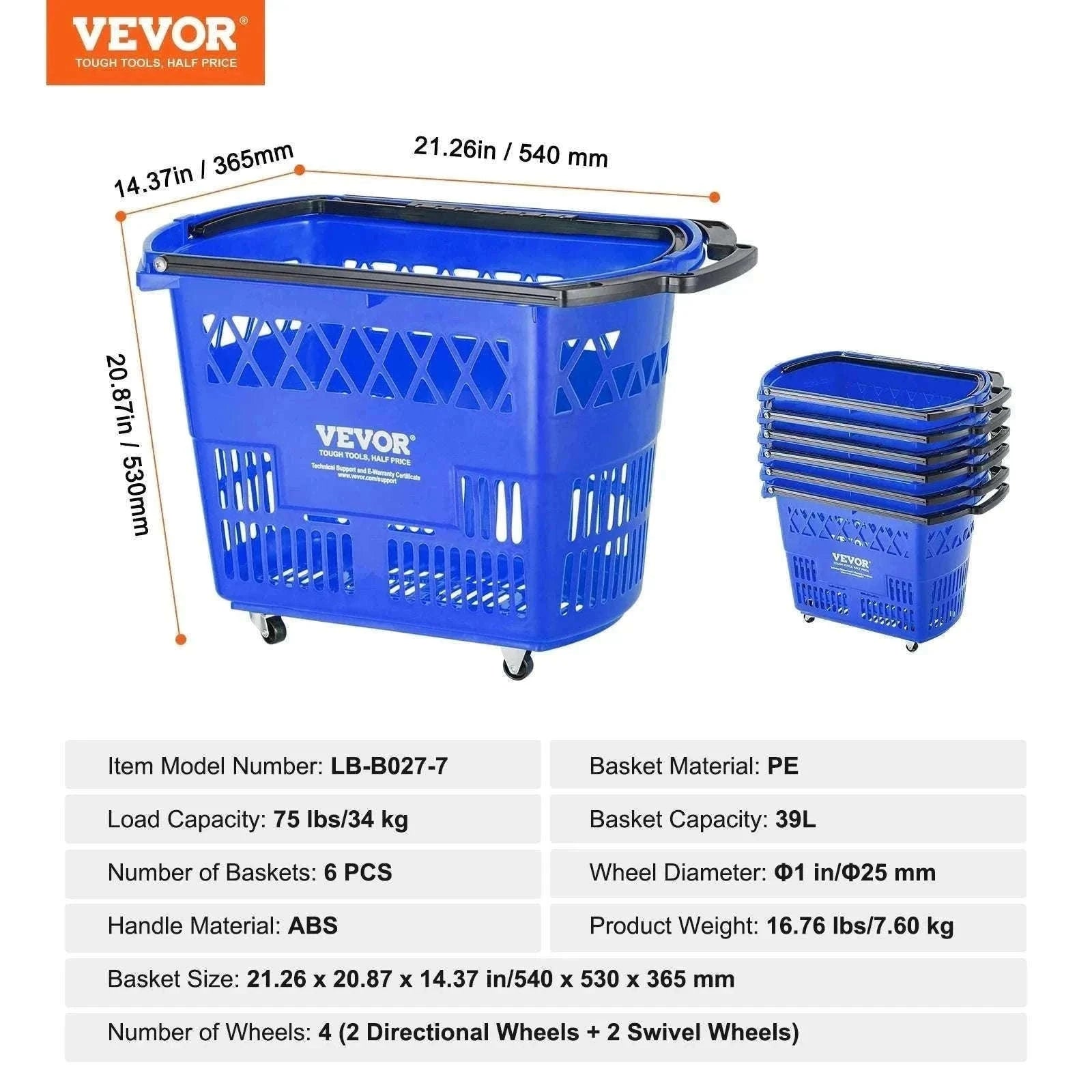 6-Pack Rolling Shopping Baskets 39L with Wheels & Handles-Blue / United States