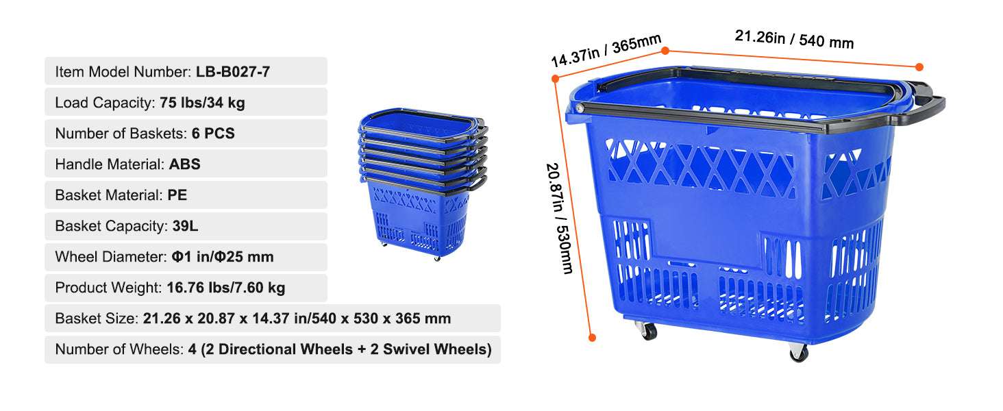 6-Pack Rolling Shopping Baskets 39L with Wheels & Handles-Blue / United States