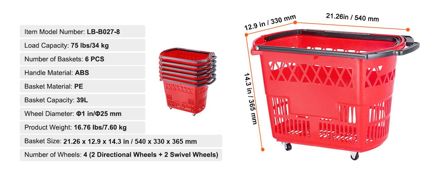 6-Pack Rolling Shopping Baskets 39L with Wheels & Handles-Blue / United States