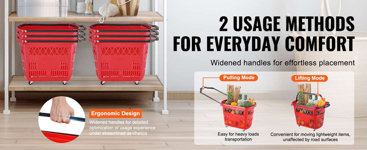 6-Pack Rolling Shopping Baskets 39L with Wheels & Handles-Blue / United States