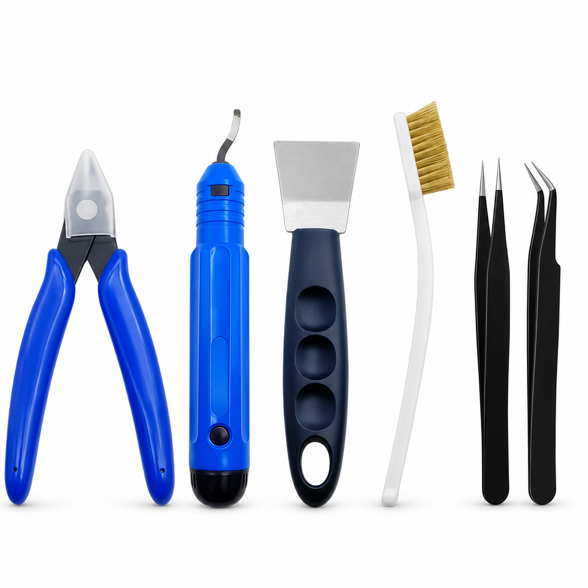 Six-piece 3D printer tool kit on white background