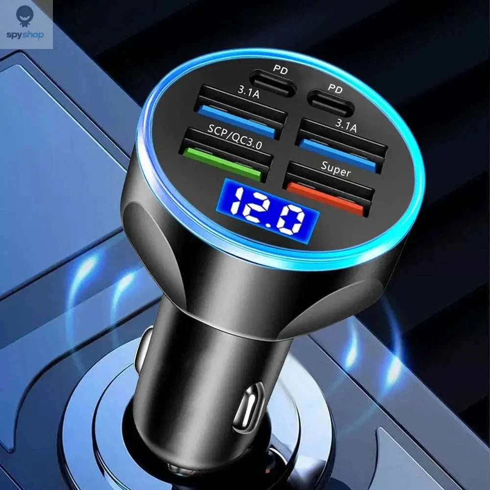 6-Port Fast Car Charger with PD and Digital Display-2 Port Volt display