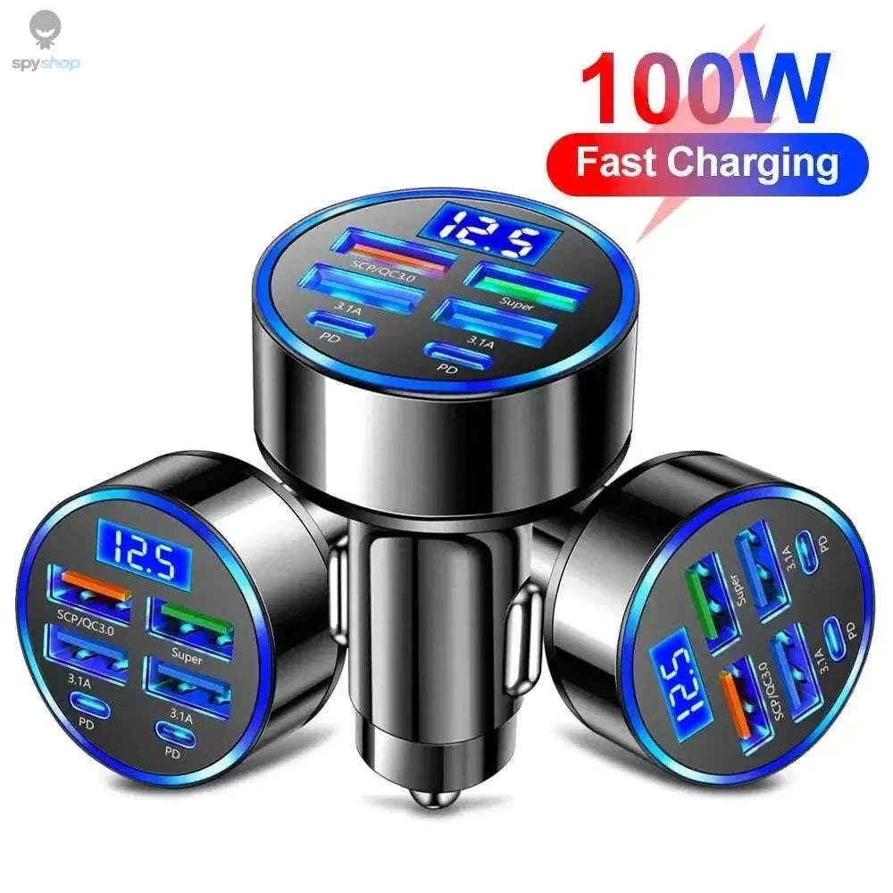 6-Port Fast Car Charger with PD and Digital Display-2 Port Volt display