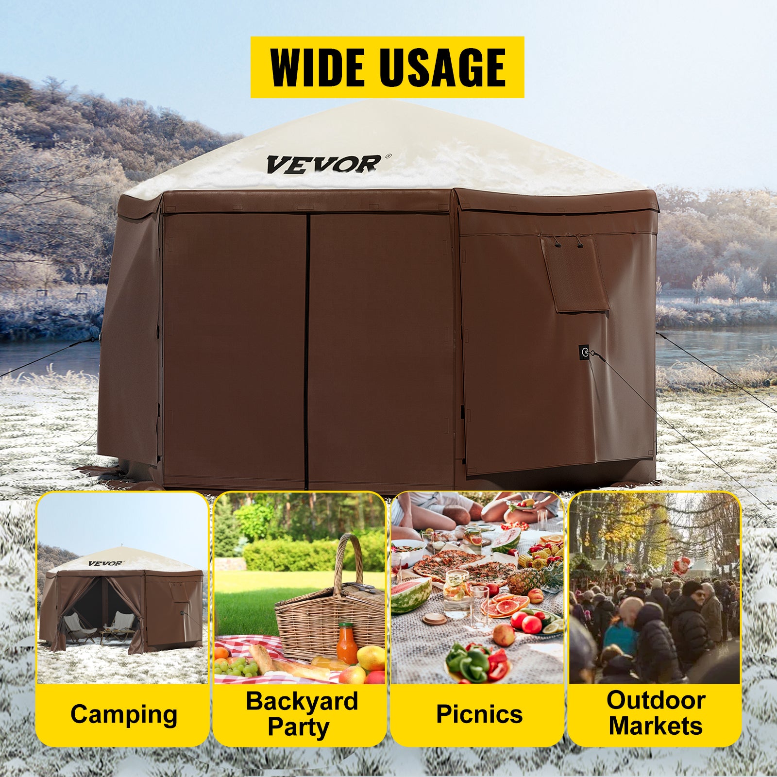 Tente de camping pop-up hexagonale avec moustiquaire et panneaux coupe-vent