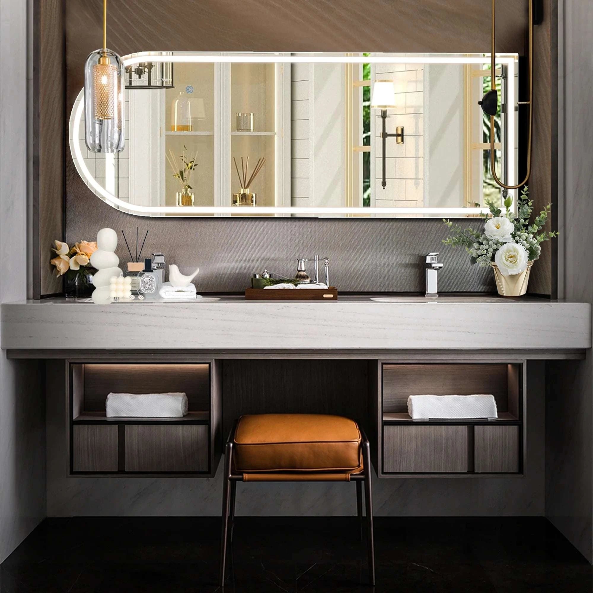 60" x 16" LED Full Length Mirror with 3 Color Dimming Lights-Arched / United States