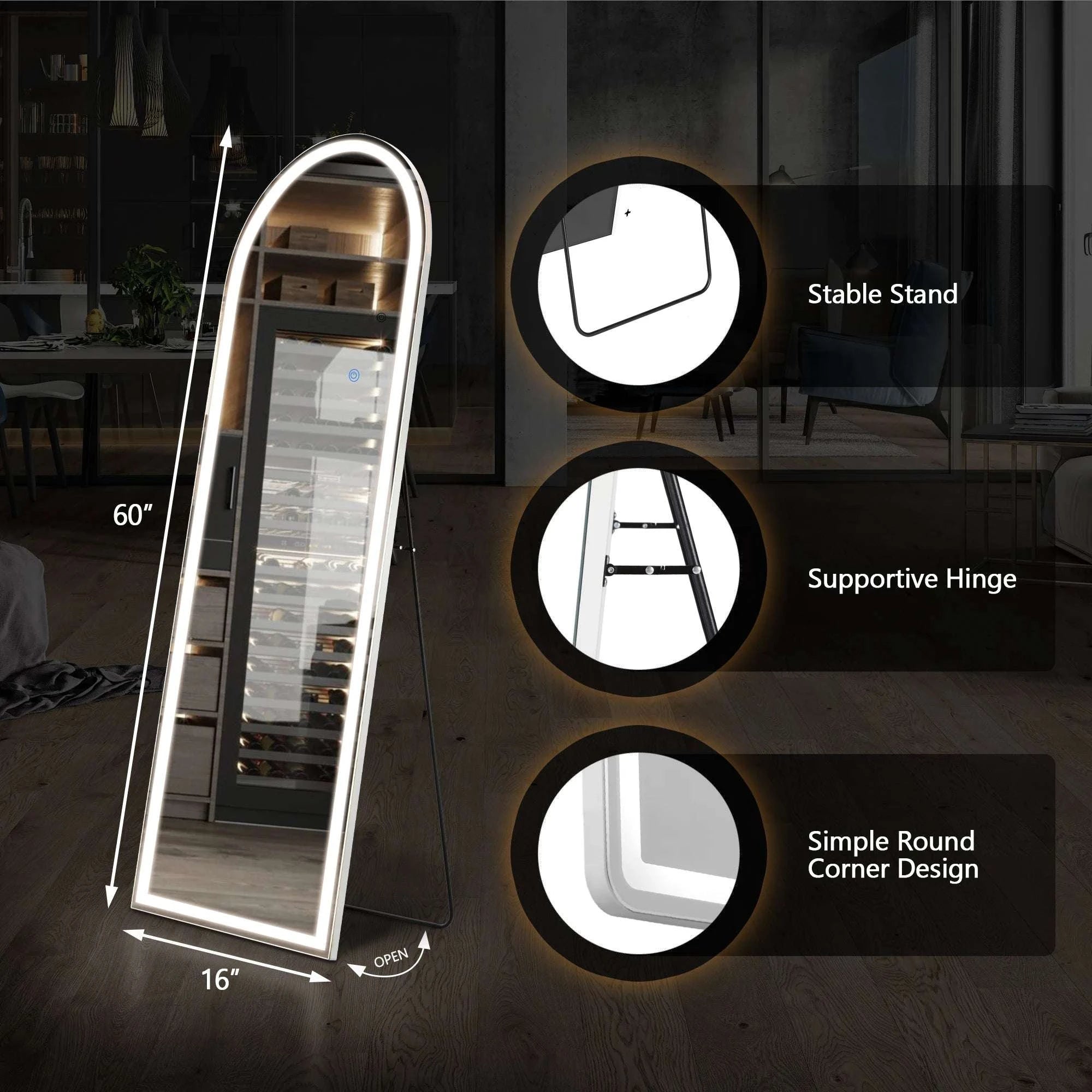 60" x 16" LED Full Length Mirror with 3 Color Dimming Lights-Arched / United States