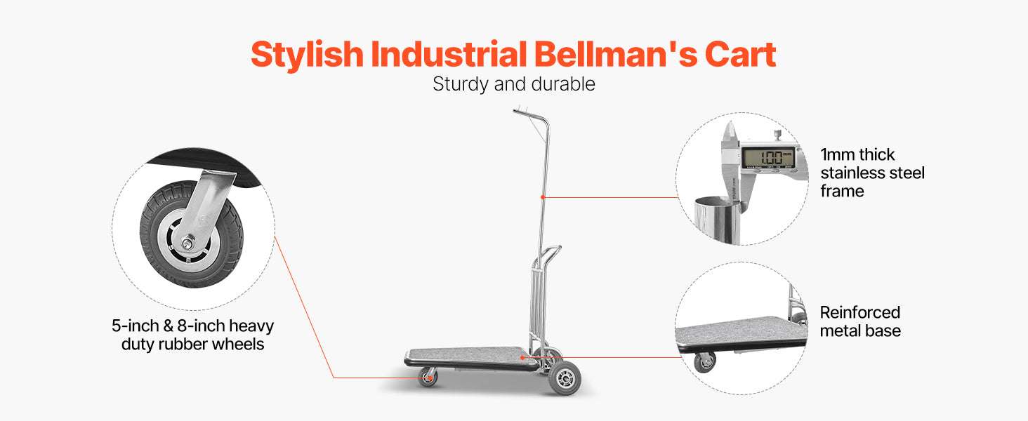 600 lbs Stainless Steel Bellman Luggage Cart with Quiet 3 Wheels-600 LBS / United States