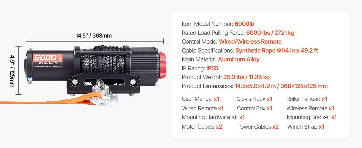 6000lb 12V ATV UTV Electric Winch with Remote & 49.2ft Cable-6000lbs / United States