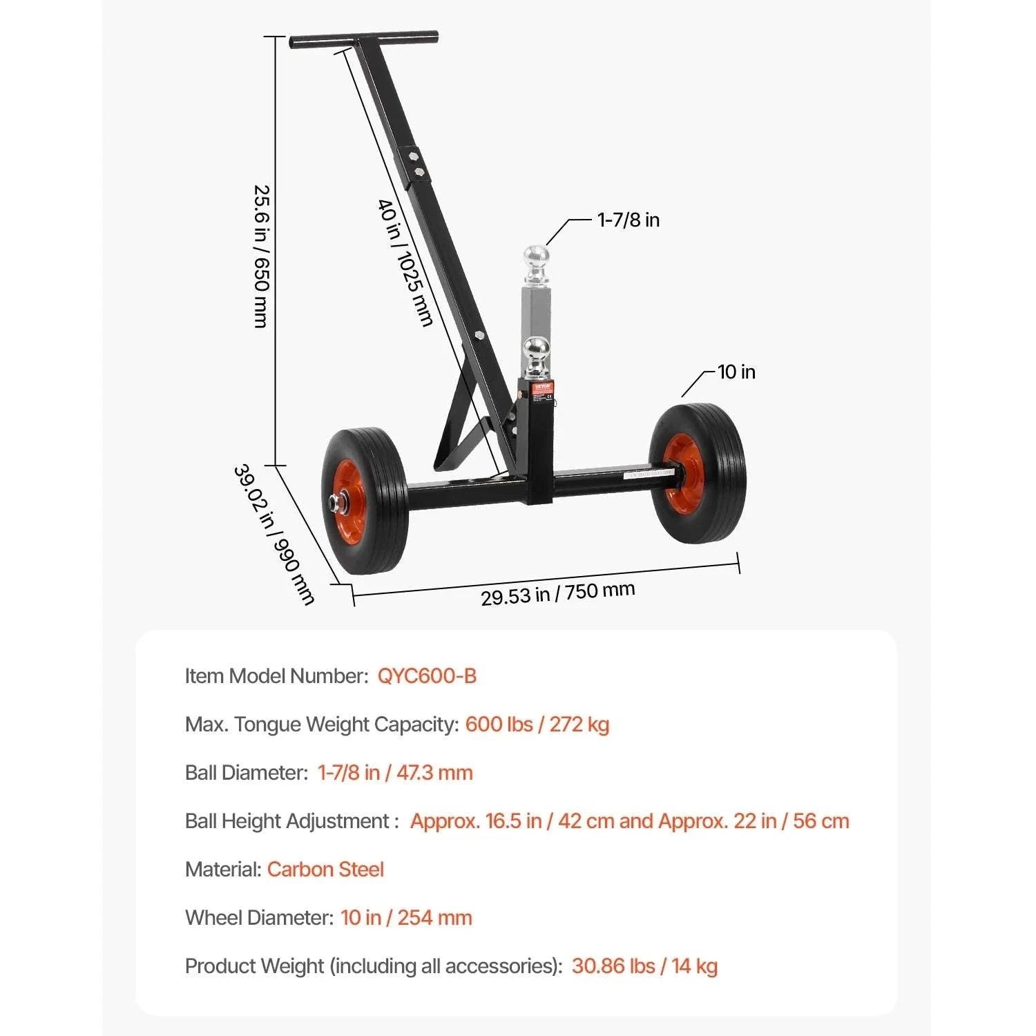 600lbs Trailer Dolly with Adjustable Height & Universal Hitch Ball-600 lbs / france