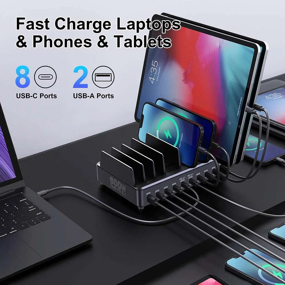 600W 10-Port GaN Fast Charging Station PD 3.1 USB-C Desktop Charger-EU Plug