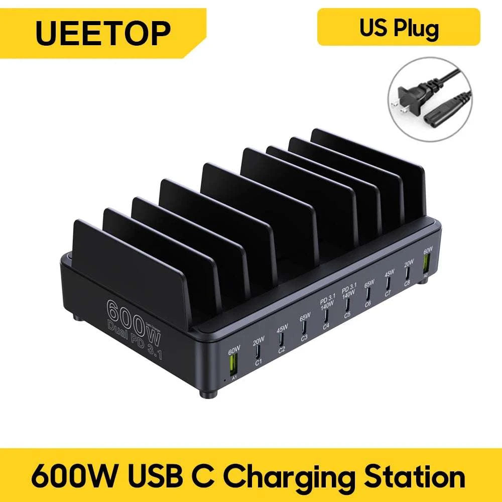 600W 10-Port GaN Fast Charging Station PD 3.1 USB-C Desktop Charger-EU Plug