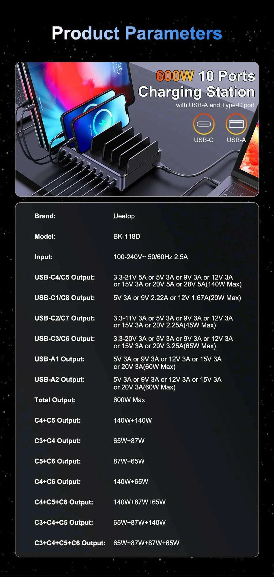 600W 10-Port GaN Fast Charging Station PD 3.1 USB-C Desktop Charger-EU Plug